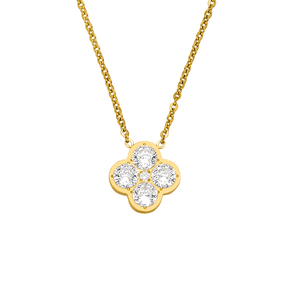 Kleeblatt Kette Glitzer Steine wasserfest 18K vergoldet Edelstahl