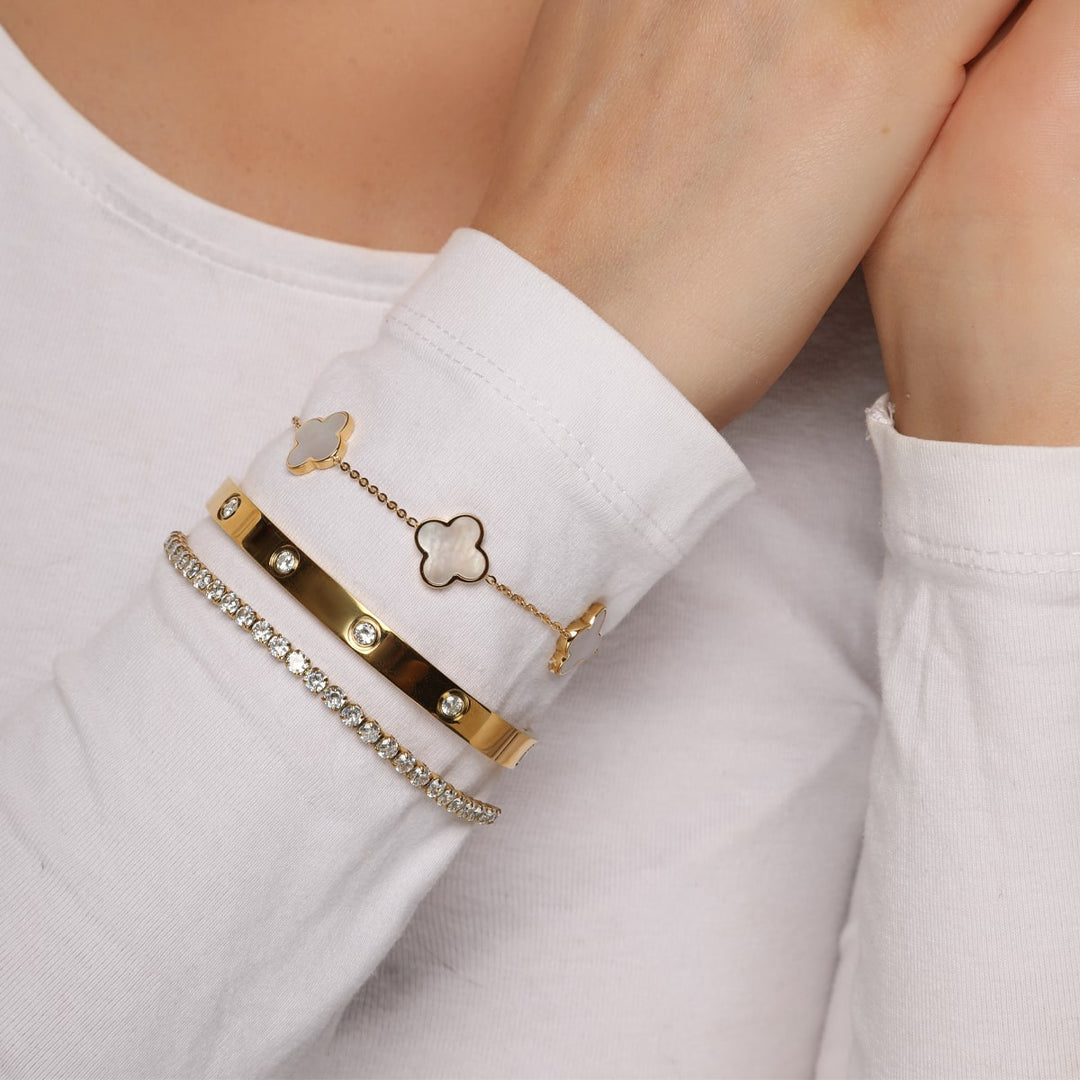 Kleeblatt Armbänder Set Steinchen Perlmutt Chirurgenstahl wasserfest