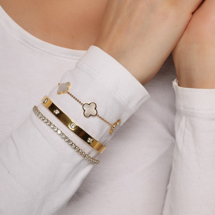 Kleeblatt Armbänder Set Steinchen Perlmutt Chirurgenstahl wasserfest
