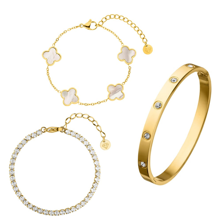 3er Armbänder Set Kleeblatt Tennis Armreif Steinchen vergoldet
