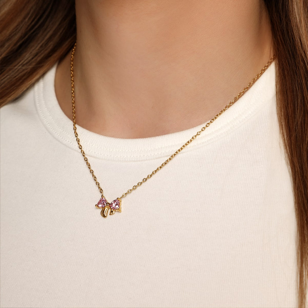 Halskette mit Schleife wasserfest 18K vergoldet Rosa Glitzer Steine