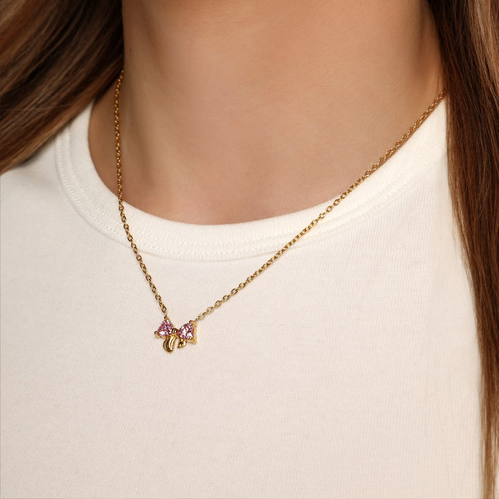 Halskette mit Schleife wasserfest 18K vergoldet Rosa Glitzer Steine