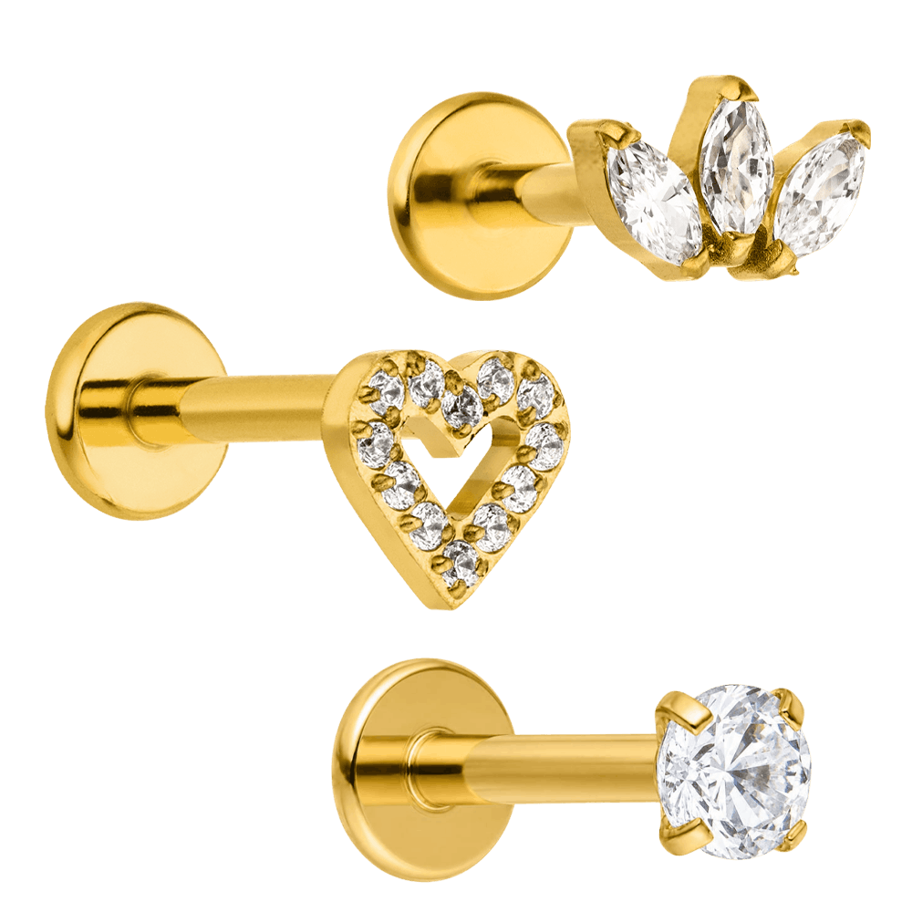 Piercing Set 3er Titan Herz Blume Zirkonia gold