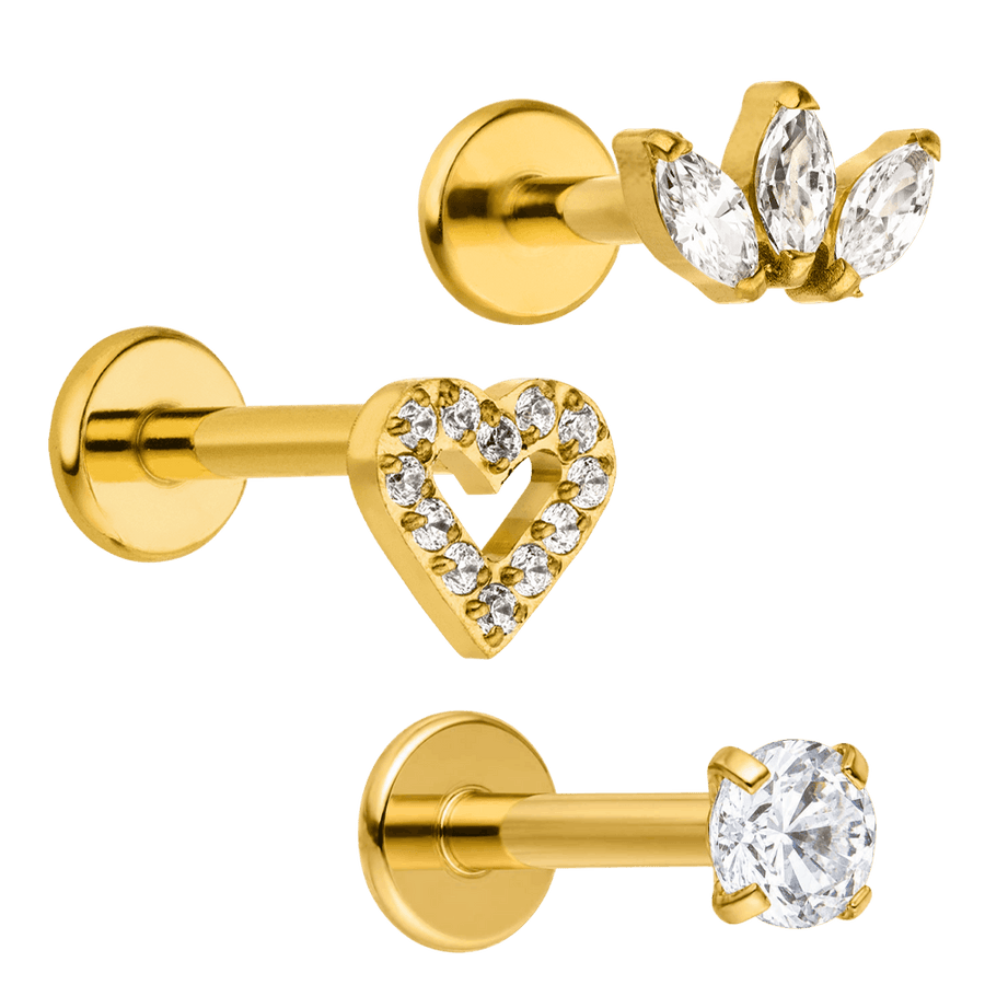 Piercing Set 3er Titan Herz Blume Zirkonia gold