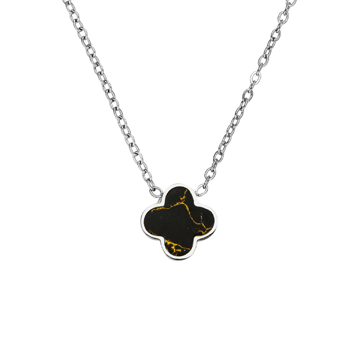 Kleeblatt Schwarz Gold Marmor Halskette silber