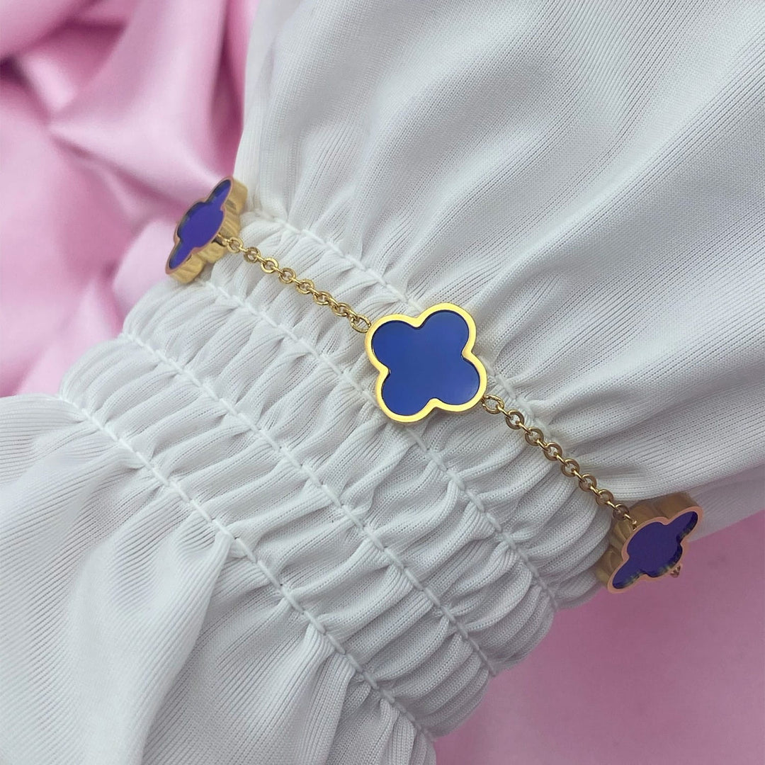 Kleeblatt Armband wasserfest 18K vergoldet Blau Edelstahl