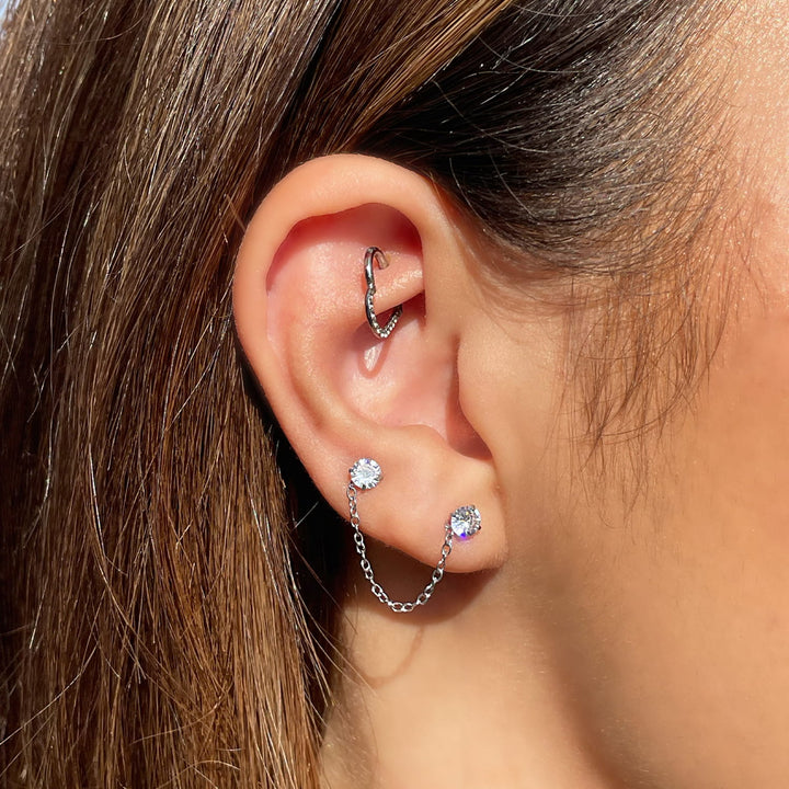 Ohrkette mit 2 Stecker Glitzer Steine wasserfest Silber
