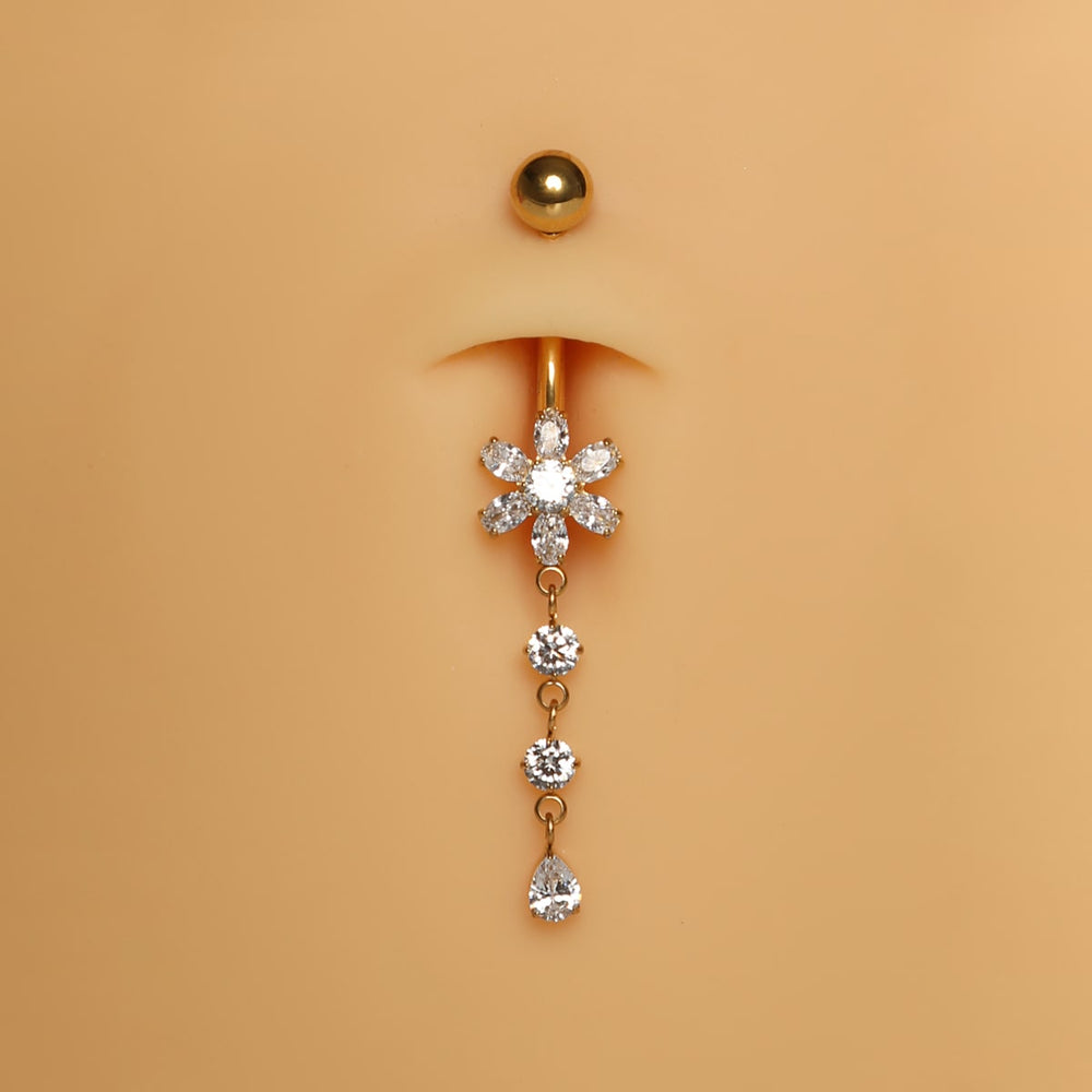 Bauchnabelpiercing Titan Gold Blume hängend Steinchen funkeln wasserfest