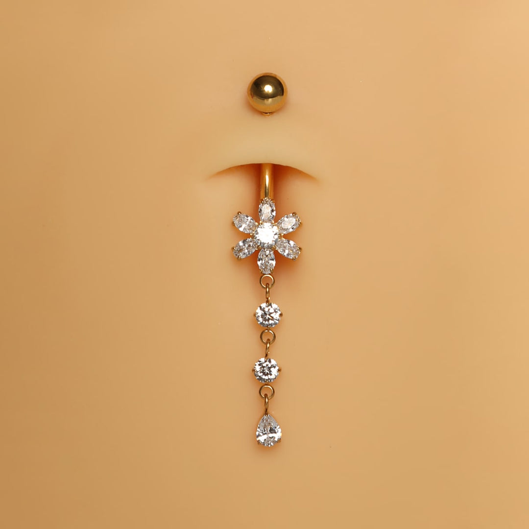 Bauchnabelpiercing Titan Gold Blume hängend Steinchen funkeln wasserfest