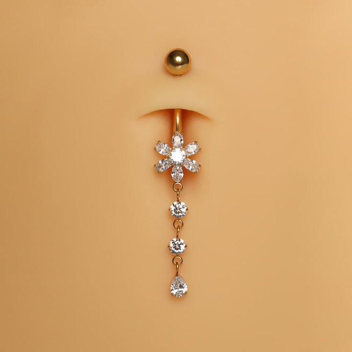 Bauchnabelpiercing Titan Gold Blume hängend Steinchen funkeln wasserfest