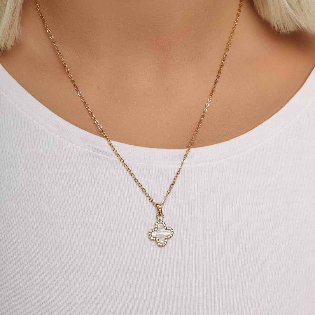 Kette mit Kleeblatt gold wasserfest Edelstahl Glitzer Steine