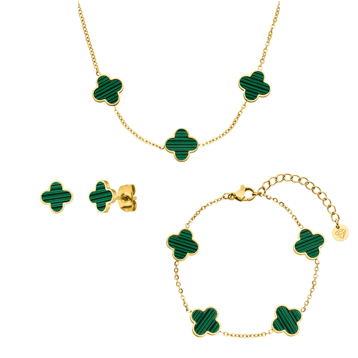 Clover Set Halskette, Armband, Ohrstecker grüne Kleeblätter