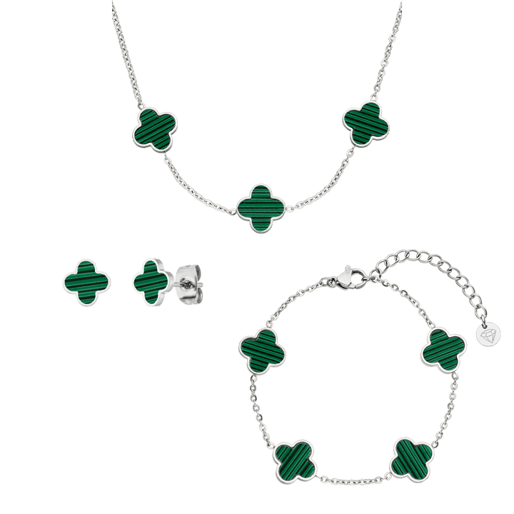 silbernes Clover Set Halskette, Armband, Ohrstecker grüne Kleeblätter