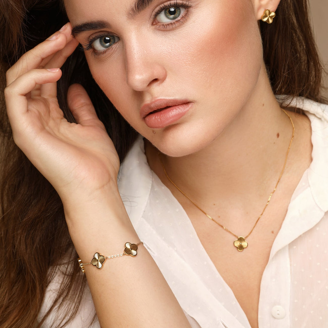 Kleeblatt Armband Set mit Kette 18K vergoldet