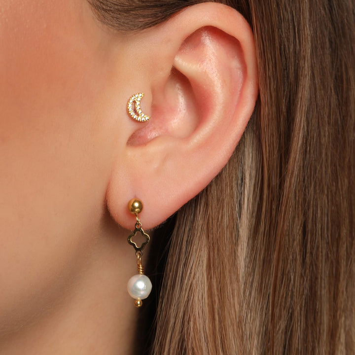 Kleeblatt Ohrstecker mit Perle 18K vergoldet wasserfest Clover