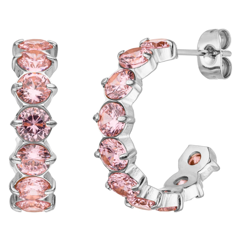 Edelstahl Kreolen mit Rosa Steinen Silber wasserfest nickelfrei