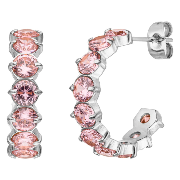 Edelstahl Kreolen mit Rosa Steinen Silber wasserfest nickelfrei