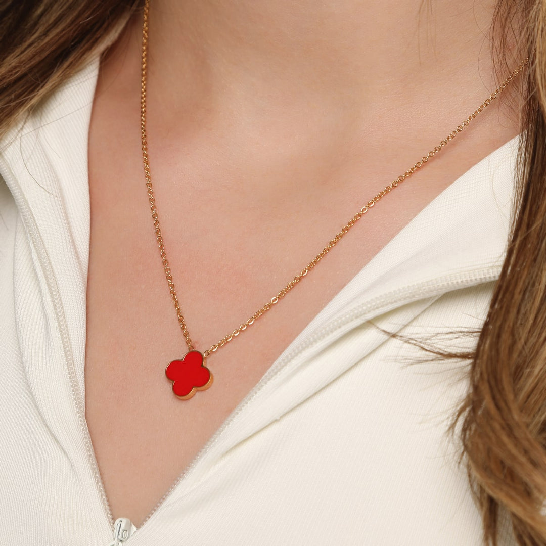 Rote Kleeblatt Halskette vergoldet