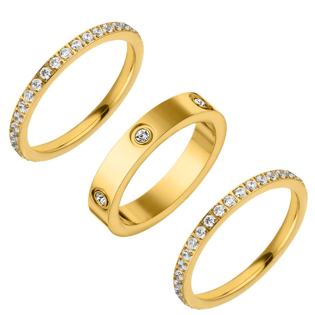 Ring Set 3er wasserfest 18K vergoldet Edelstahl Steinchen
