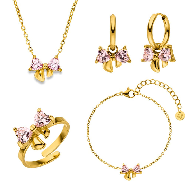 Schleifen Schmuck Set 18K vergoldet Rosa Steinchen Edelstahl