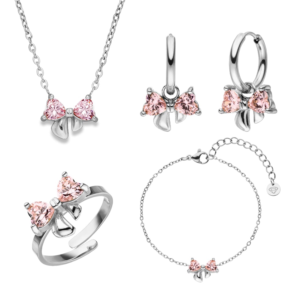Schmuck Set Schleife Silber Edelstahl Pinke Steinchen wasserfest