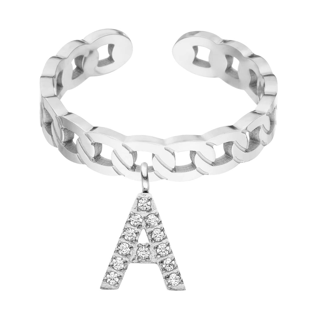 Buchstaben Ring aus Edelstahl in Silber mit Zirkonia