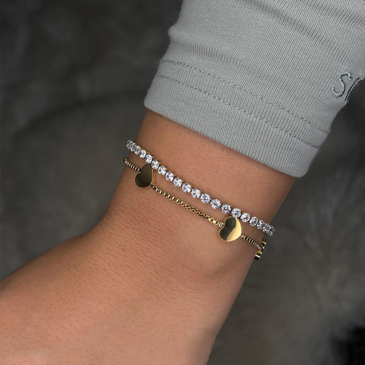 Doppeltes Armband Tennis silber mit drei Herzen wasserfest