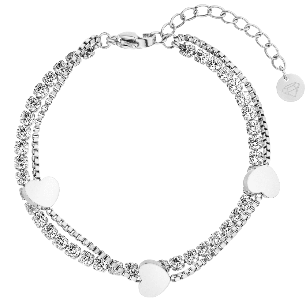 Doppel Tennis Armband mit Herzen in Silber wasserfest