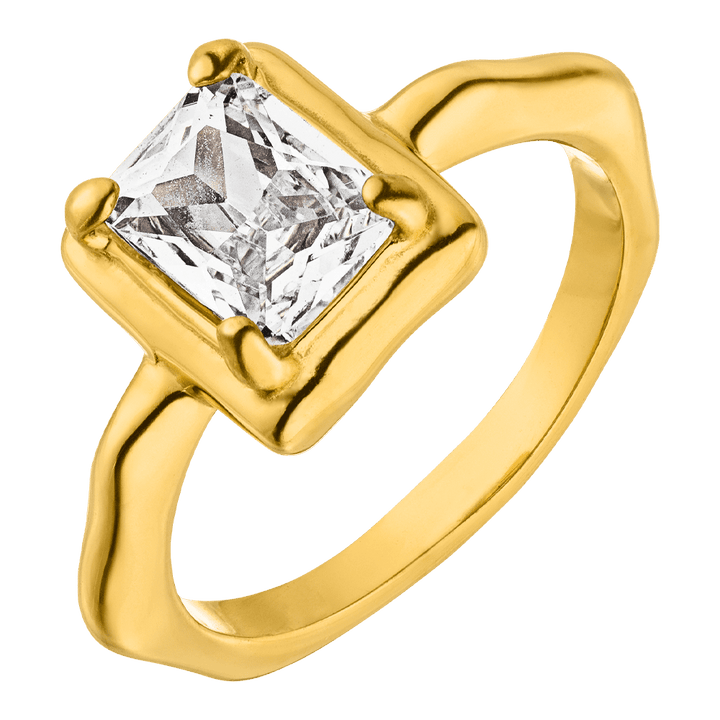 Solitär Ring 18K vergoldet Zirkonia Stein wasserfest gehämmert