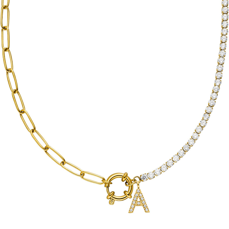 Personalisierte Tennis Kette mit Buchstabe 18K vergoldet halbseitig